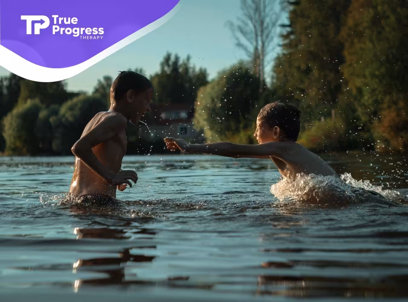 Two autistic boys carefully playing and splashing each other at a calm lake in New Jersey.