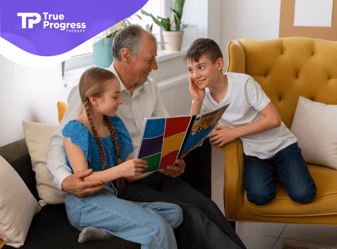 Two kids with their father looking at a colorful poster