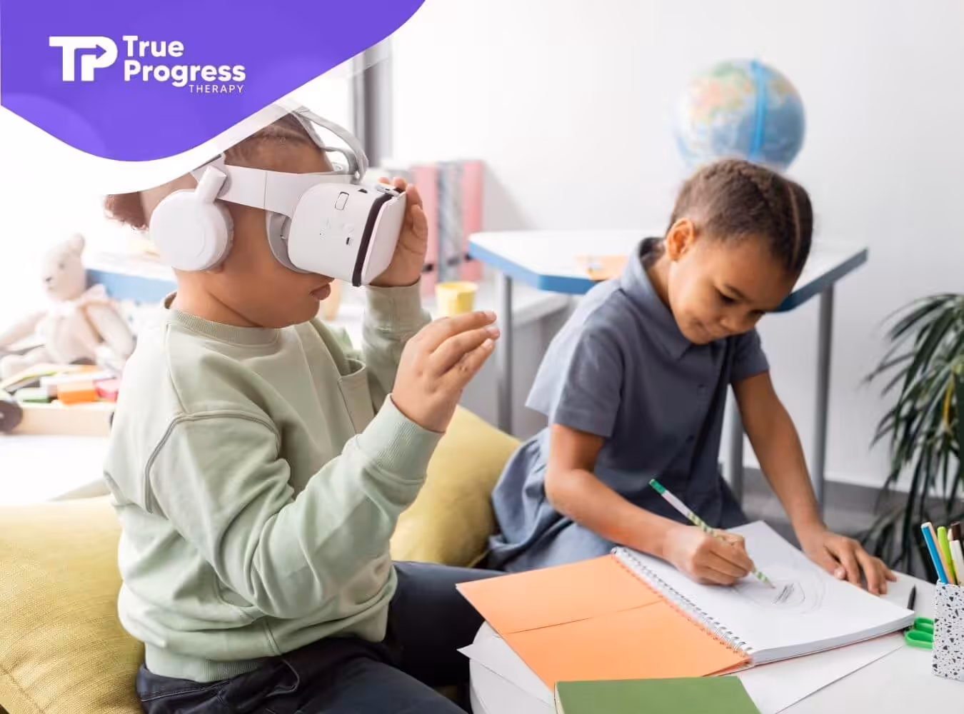 Two autistic children in a learning environment; one wears a VR headset while the other draws.
