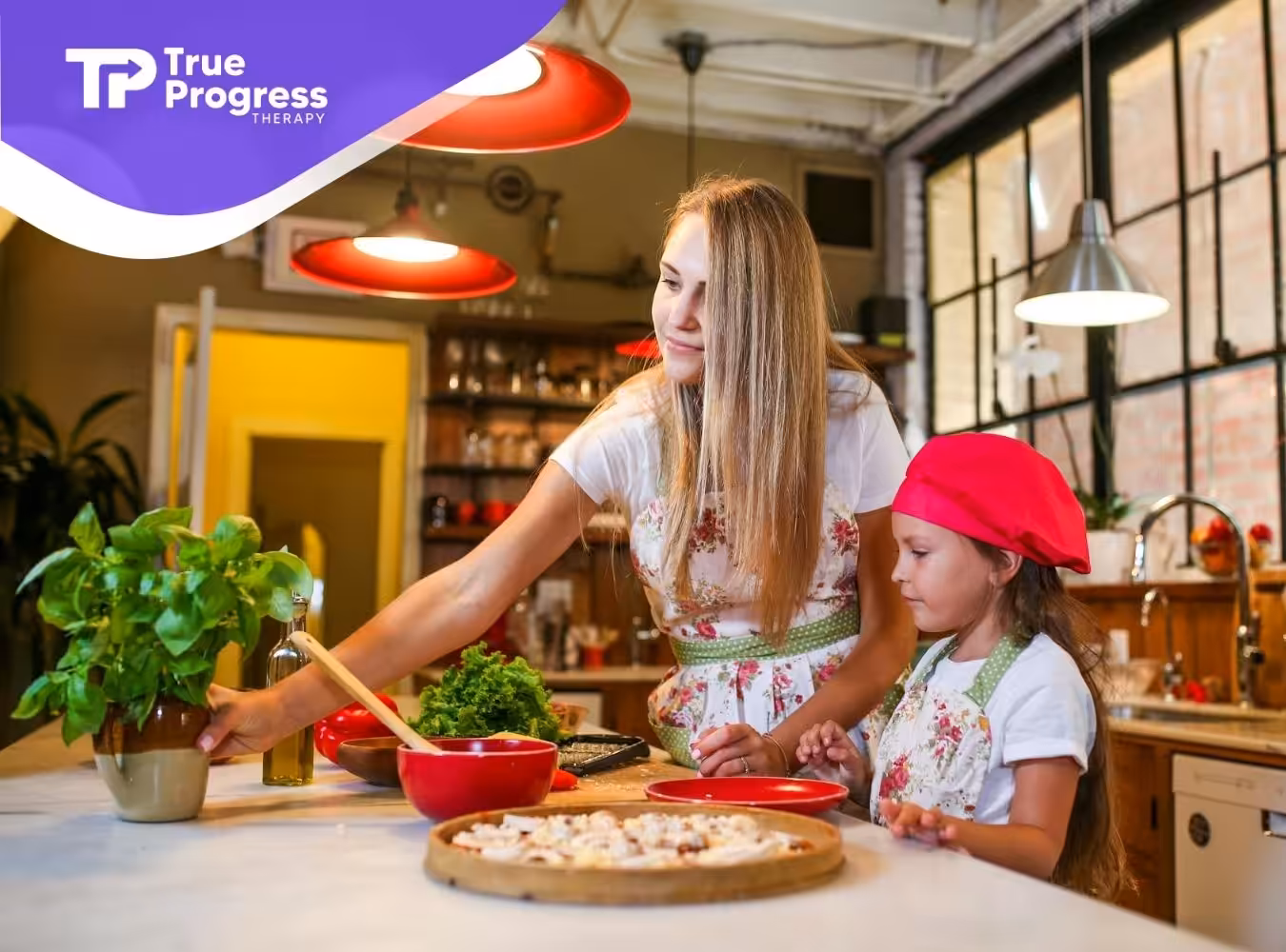 Mother and her autistic daughter wearing aprons and preparing food together at a cozy kitchen in NJ.