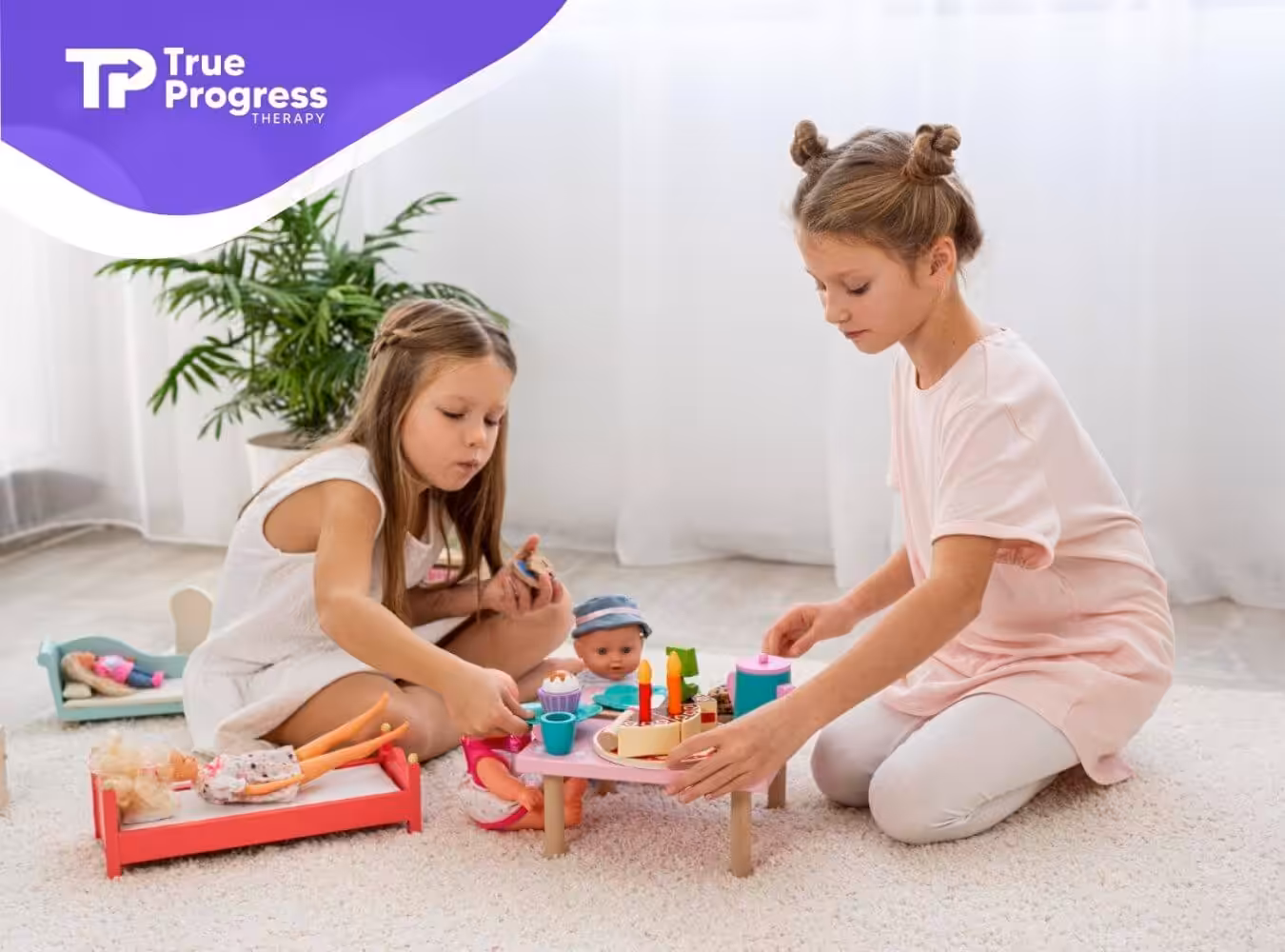 Two girls with autism playing with dolls and toy food indoors.