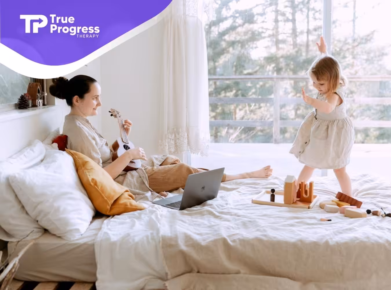 An ABA therapist playing a ukulele while autistic kid dances on a bed at a sunlit room in NJ.