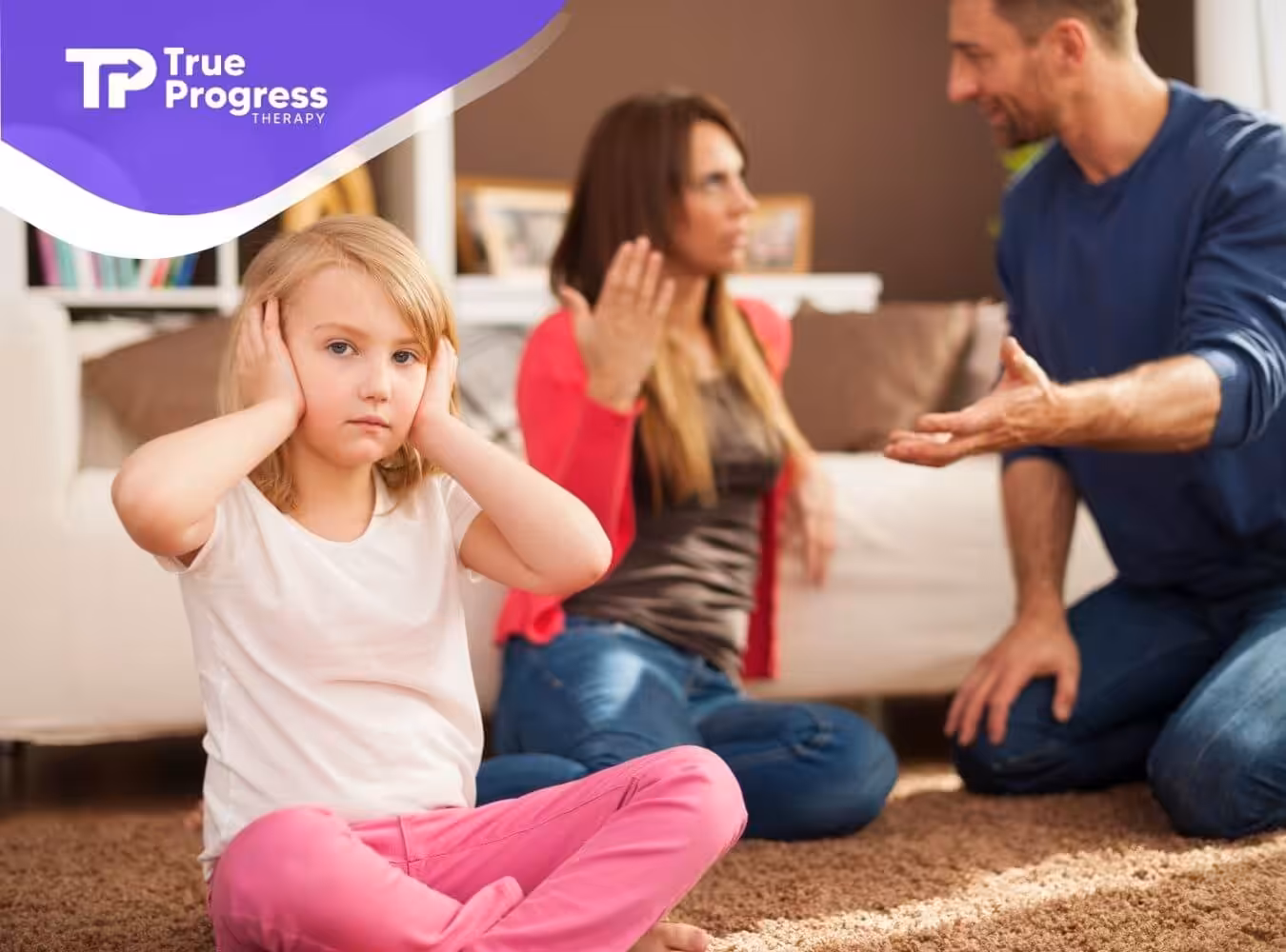 Autistic girl covering her ears while parents argue in the background.