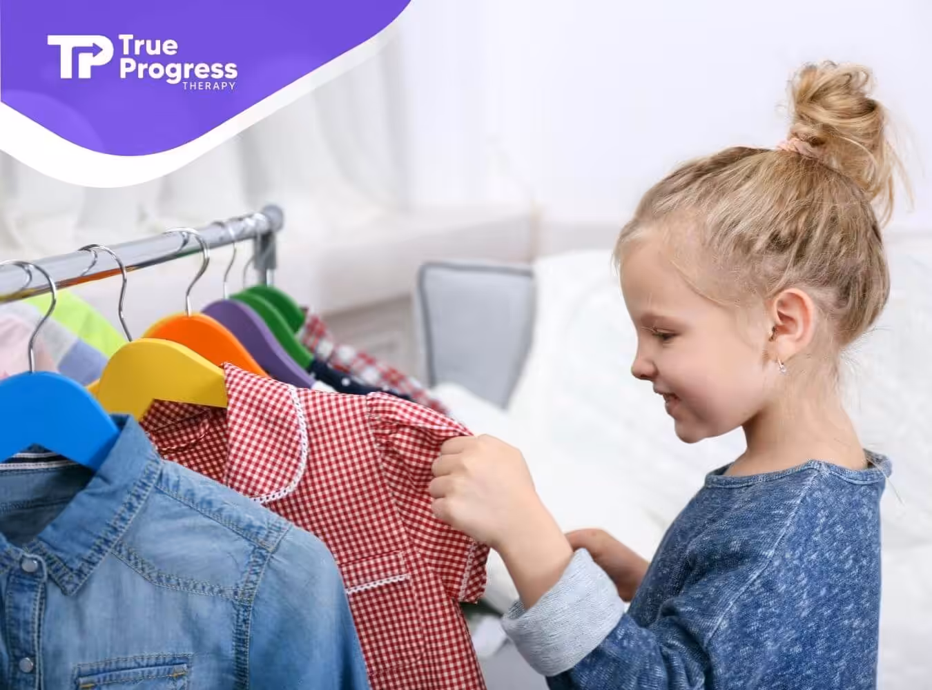 Child with autism choosing clothes from a colorful clothing rack.