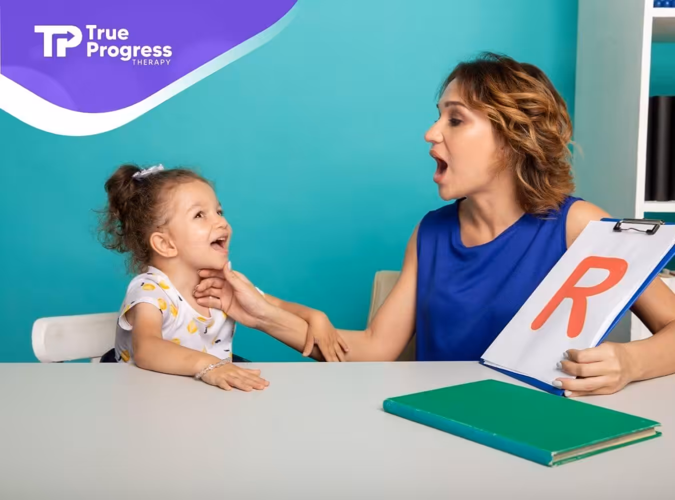 Child practicing speech sounds with a speech therapist holding a letter R card.