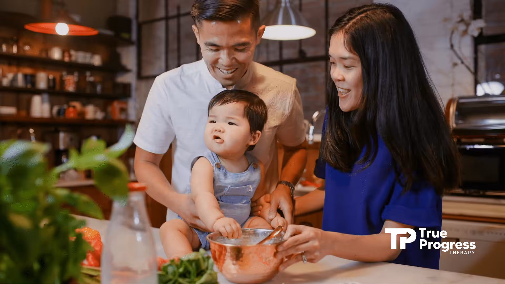 Family helping a young autistic child mix ingredients in a copper bowl at the kitchen in New Jersey.