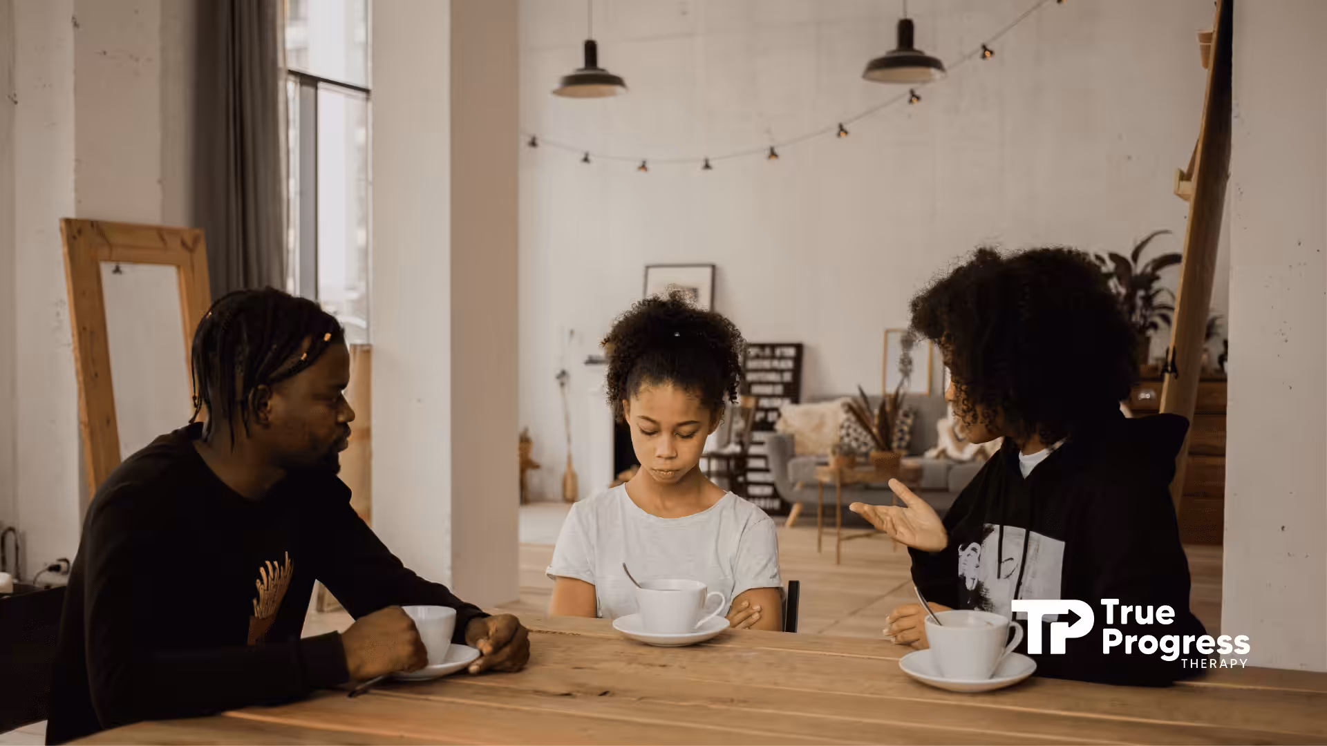 Parents talking to their autistic daughter about joining ABA therapy.