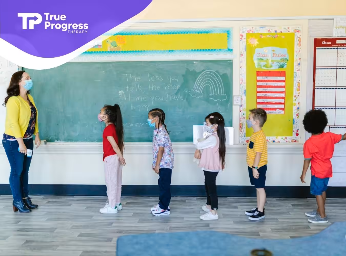 Children wearing masks standing in line in a classroom with an ABA therapist by a chalkboard in NJ.