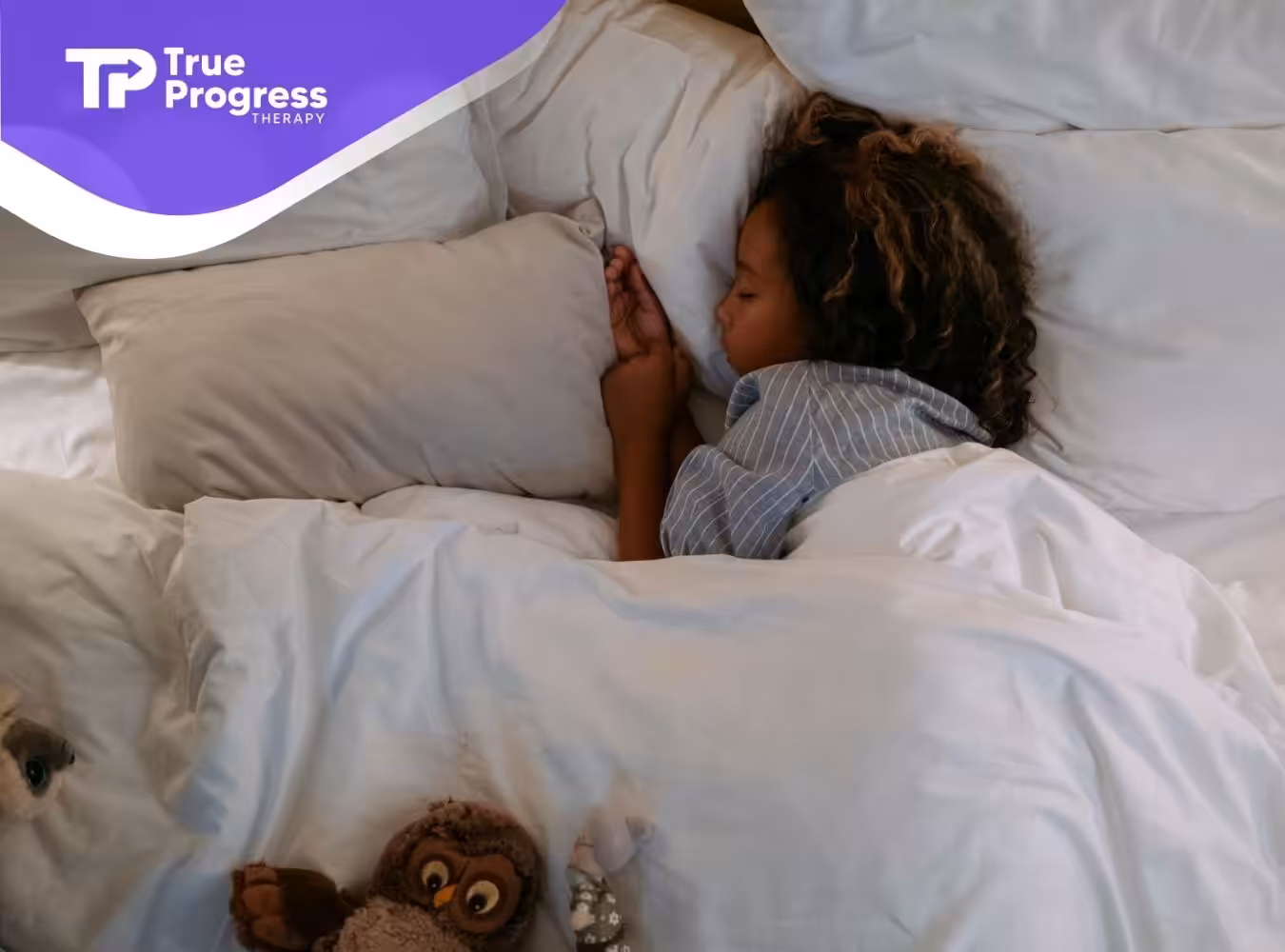 An autistic child sleeping peacefully in bed with stuffed animals preparing tomorrow's ABA therapy class in NJ.