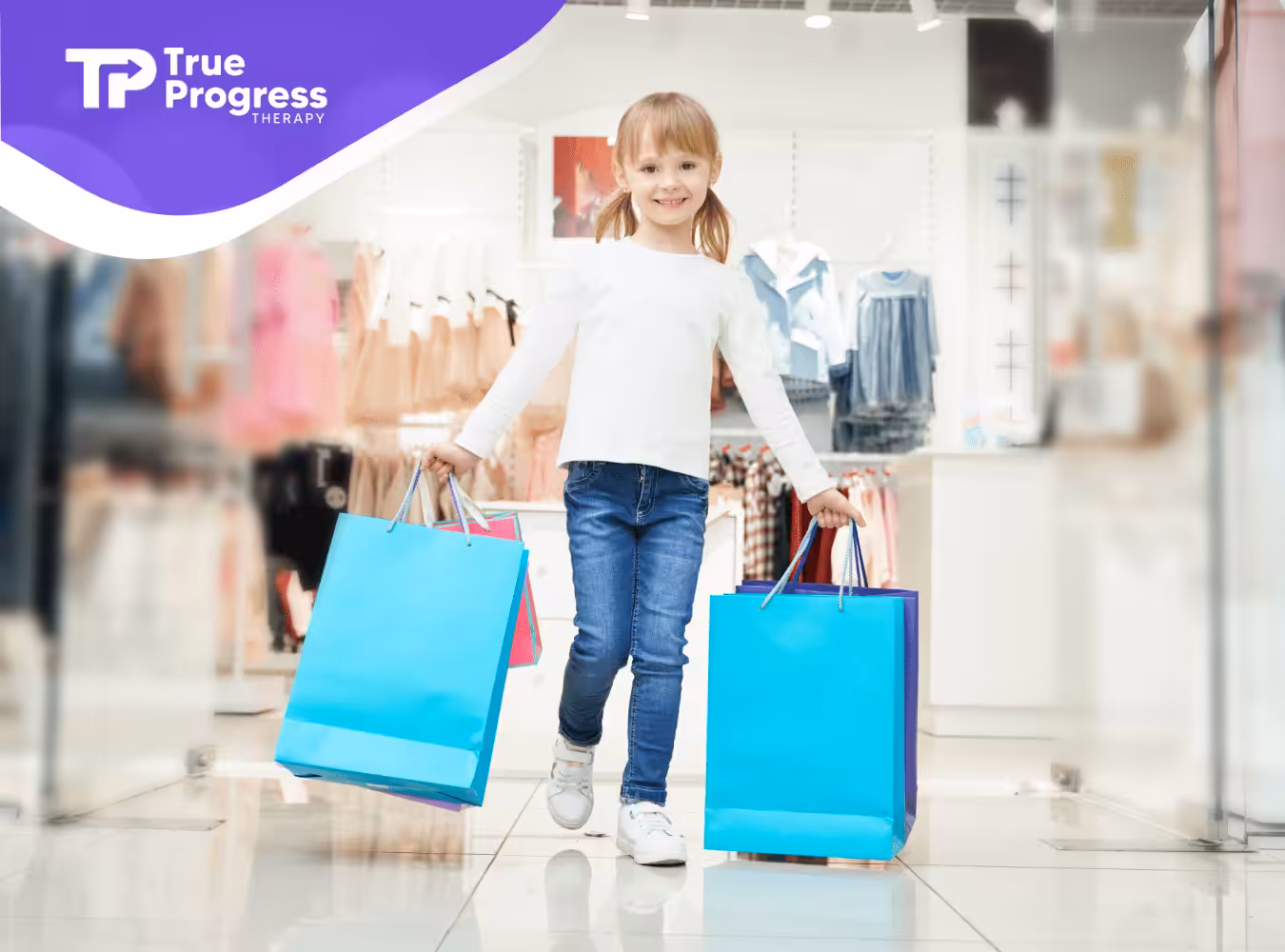 A kid with autism is holding shopping bags at the mall