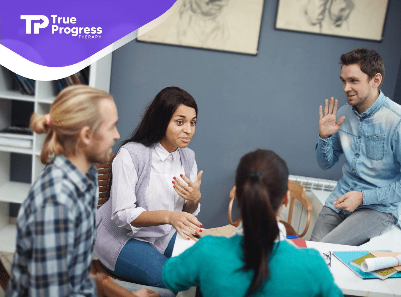 A group of adults with autism during social skills training