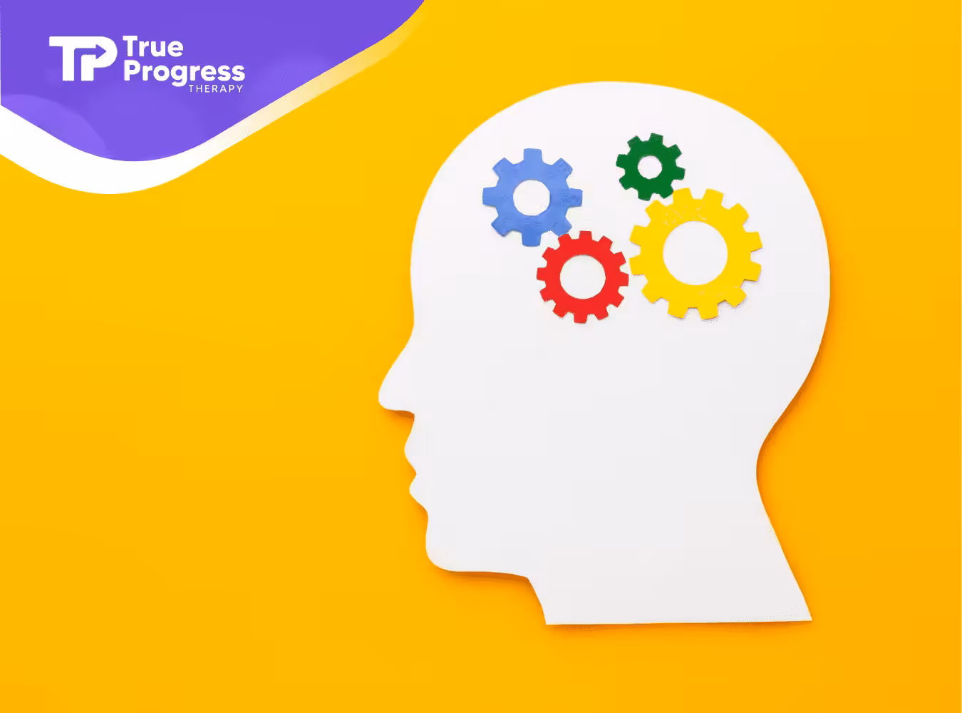 A cut out shape of a human head with colorful gears inside