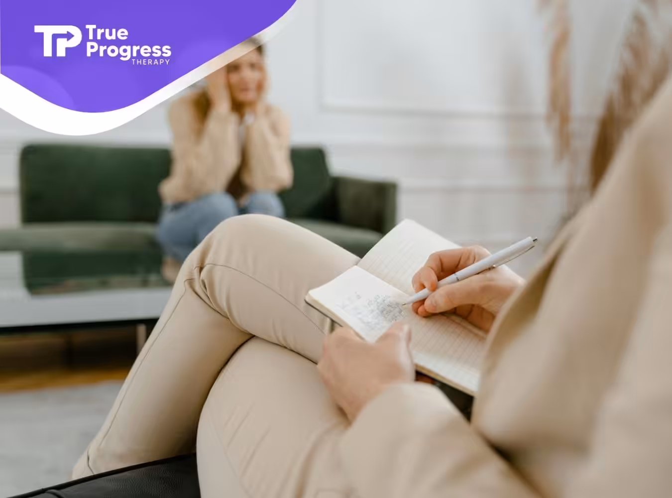 A BCBA writing notes for a person suspected with autism during autism diagnosis at an ABA therapy clinic in New Jersey.