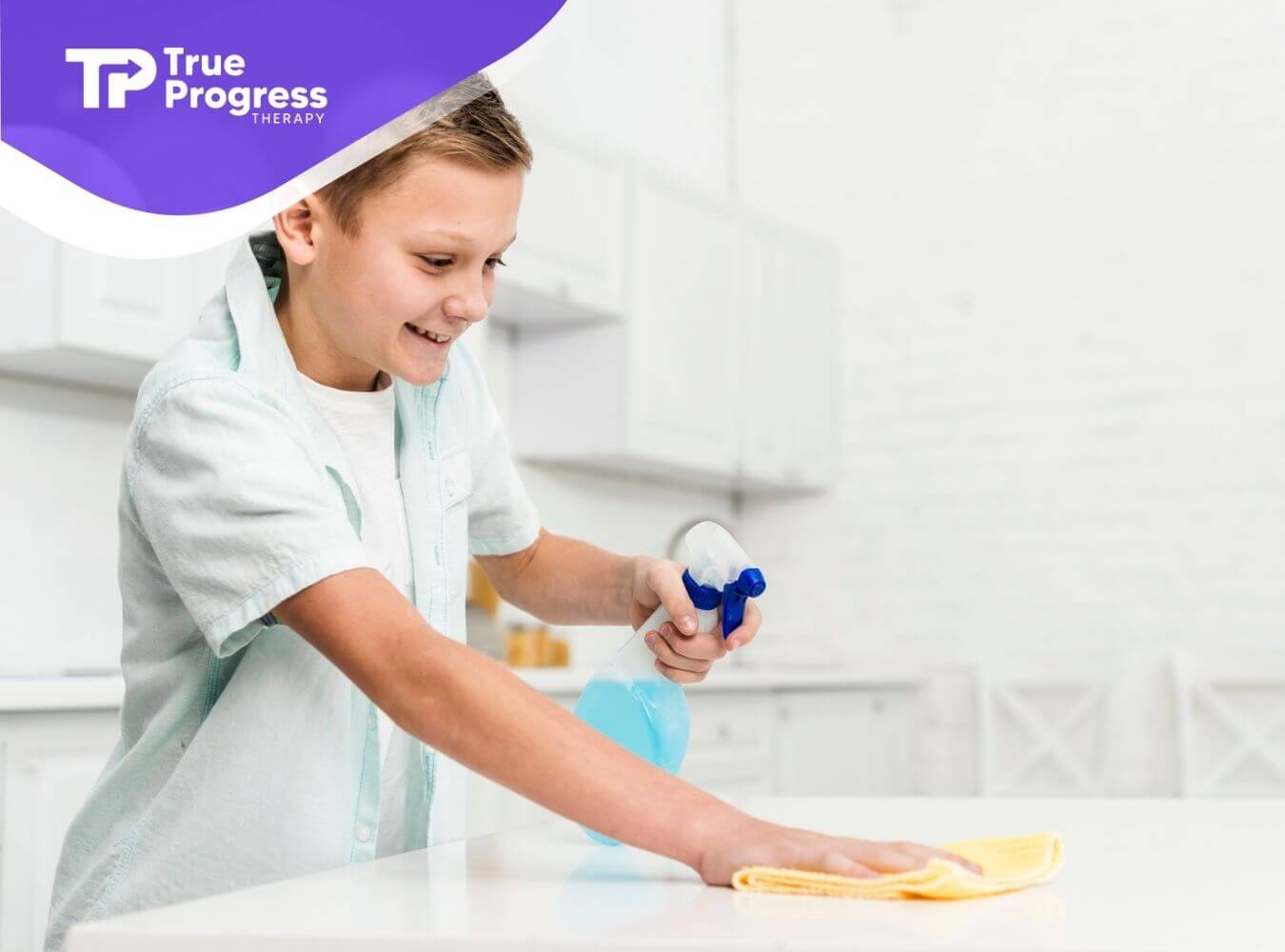 A young autistic boy happily cleaning a kitchen counter with a spray bottle and cloth, practicing independence skills.